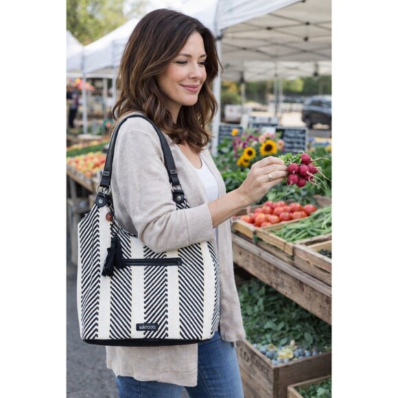 Sakroots Handbags - Sakroots Roma Woven Straw Shoulder Hobo Bag  Black White Stripe Boho Expandable